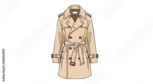 Elegant trench coat illustration on a white background showcasing classic fashion apparel for timeless style with a hand-drawn aesthetic appeal