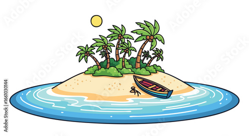 A Tropical Island Paradise with Palm Trees, Sandy Beaches, and Tranquil Waters Under the Sun's Warmth Depicted in a Cartoon Style