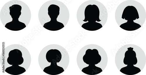 Set of silhouette avatars Diverse collection of user profile icons. Ideal for representing individuals in various digital interfaces. Perfect for website design.
