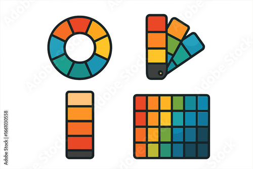 Color theory vector icon set. Graphic design elements with color wheel, swatch book, palette guide. For fashion, printing, UI UX design, color matching and harmony selection.