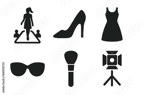 Fashion modeling icon set. Runway model on catwalk, high heel shoe, dress, sunglasses, makeup brush and studio spotlight. Glamour, beauty and high fashion vector symbols.