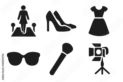 Fashion model solid glyph icon set. Runway celebrity on red carpet, high heels, dress, sunglasses, makeup brush, spotlight. Glamour, style, beauty vector illustration symbols.