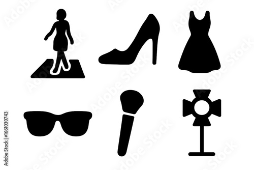Fashion modeling solid glyph icon set. Vector silhouettes of model on runway, high heel shoe, dress, sunglasses, makeup brush, and spotlight. Glamour and beauty concept icons.