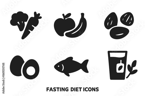 Fasting diet food icons. Solid glyph icons set for healthy eating and nutrition plan. Intermittent fasting, keto diet, weight loss concept. Vegetables, fruits, eggs, fish.
