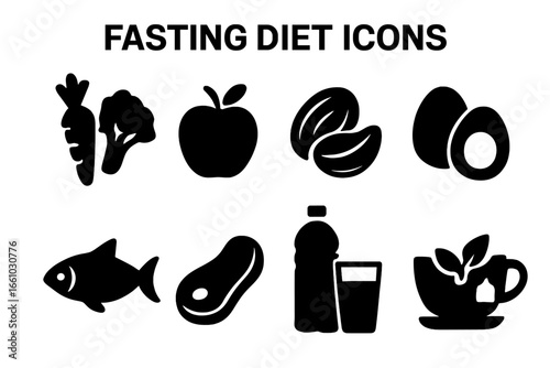 Fasting diet solid glyph icons set. Intermittent fasting and healthy eating food choices. Nutrition pictograms for keto diet: meat, fish, eggs, nuts, vegetables and fruits.