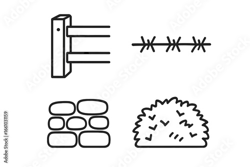 Field boundary and fencing outline icon set. Vector illustration of farm and property limits. Includes wooden fence, barbed wire, stone wall, and hedgerow for agriculture.