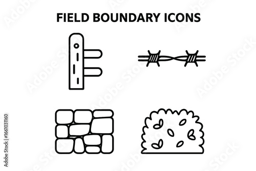 Field boundary outline icon set. Rural farm property division symbols. Vector graphic of wooden fence post, barbed wire, stonewall, hedgerow. Agriculture enclosure icons.