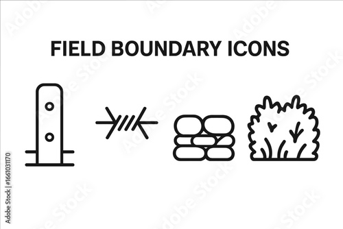Field boundary outline icon set. Vector agriculture, farming & property border symbols. Includes fence post, barbed wire strand, stone wall, and hedgerow. Land division concept.
