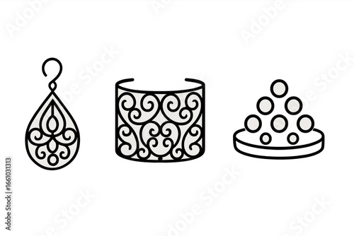 Filigree and metalwork jewelry icon set. Vector outline illustration of traditional goldsmith techniques. Earring, openwork bracelet, and granulation concepts for design.