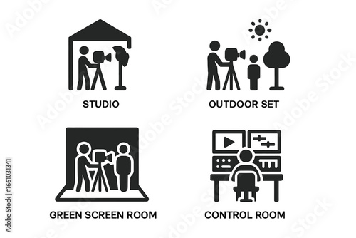 Film crew location solid icon set. Movie making and video production scenes. Includes studio, outdoor set, green screen chromakey room, and post production editing control room.