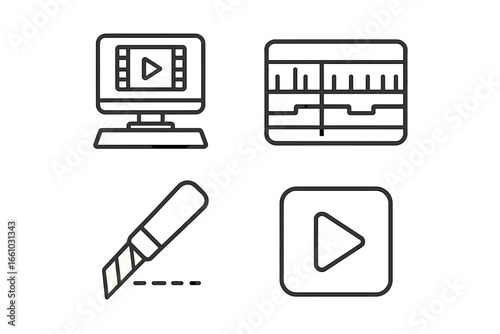 Video editing outline icon set. Film production and post-production symbols. Line art for timeline interface, cutting tool, playback button, and editing workstation vector icons.