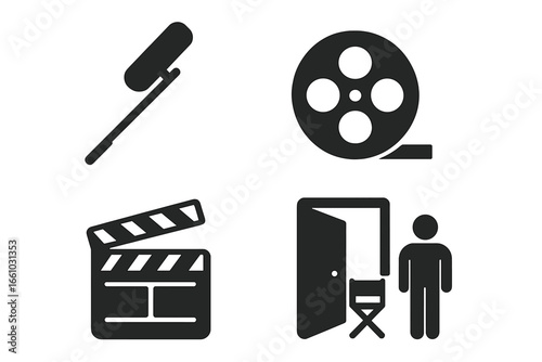 Film production icon set with solid glyphs. Cinema and movie making symbols. Includes clapperboard, film reel, boom mic for sound, and actor dressing room for behind the scenes.