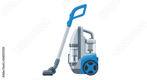 Modern blue and gray carpet cleaner illustration showcasing cleaning equipment vector graphics for floor cleaning and household chores depiction