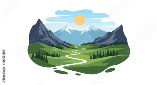 Scenic mountain valley illustration with winding path, sunlit sky, and forested slopes, a peaceful landscape with snowy peaks in the distance