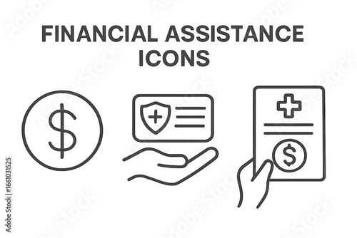 Financial assistance icon set. Health insurance, medical bill & healthcare cost outline icons. Vector concept for finance, support, money, hospital expenses & protection.