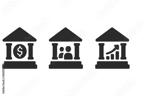 Financial institution solid glyph icon set. Bank, credit union, investment bank symbols. Vector concepts for finance, economy, money, savings, stock market growth chart.