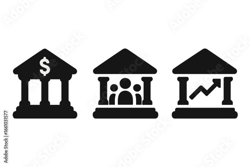 Financial institution solid icon set. Central bank, credit union, investment bank symbols. Finance, money, investment, stock market growth chart. Business vector illustration.