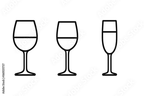 Wine and champagne glass icon set. Vector line art illustration for fine dining, restaurant menu, or bar. Red wine, white wine, and champagne flute symbols for celebration.