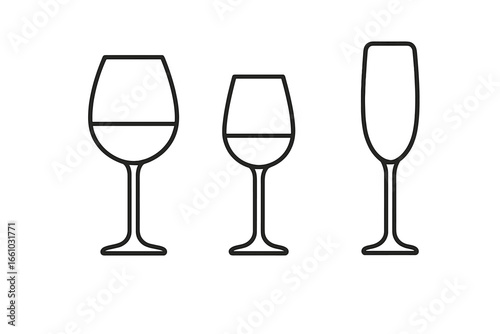 Wine and champagne glass icon set for fine dining. Red and white wine glasses, champagne flute outline icons. Vector illustration for menu, bar, restaurant, celebration.