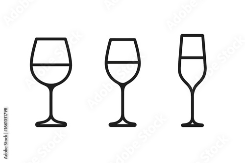 Wine glass icon set for fine dining. Includes red wine, white wine, and champagne flute outlines. Simple line art vector for restaurant menu, bar, or beverage pairing.