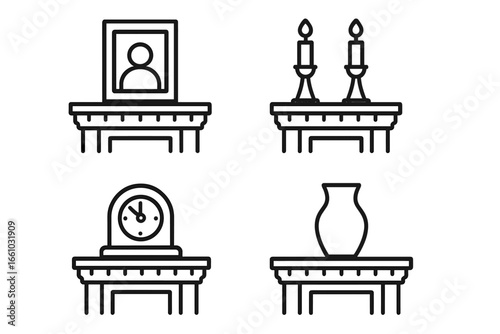 Fireplace mantel decor icon set. Outline icons for home interior decoration. Framed photo, candle holder, antique clock, and vase on a mantelpiece. Vector symbols collection.