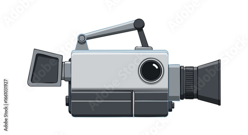 Stylized representation of a vintage video camera showcasing recording technology aesthetics and its retro design features in vector format