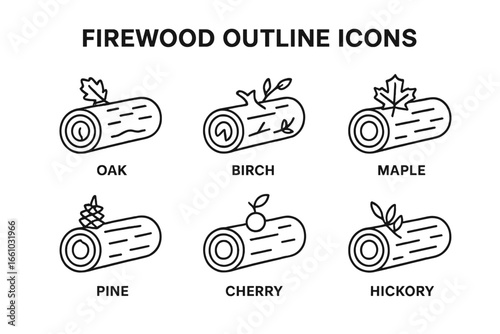 Firewood types outline icon set. Collection of wood logs for fireplace. Oak, birch, maple, pine, cherry, hickory timber. Linear vector illustration for fuel and heat concept.