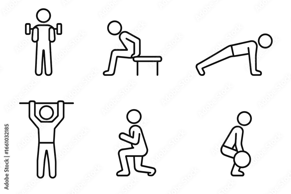 Fototapeta premium Fitness exercises line icon set. Workout moves vector collection. Bicep curl, tricep dip, push-up, pull-up, squat, lunge, deadlift. Gym training pictogram symbols.