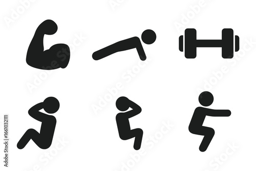 Fitness and exercise icon set. Solid glyph pictograms for gym workout. Symbols of strength, health, and bodybuilding. Includes bicep, push-up, squat, sit-up, and dumbbell.