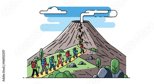 Cartoon illustration depicting a group of hikers ascending a towering volcano under a clear blue sky offering adventure and exploration of nature