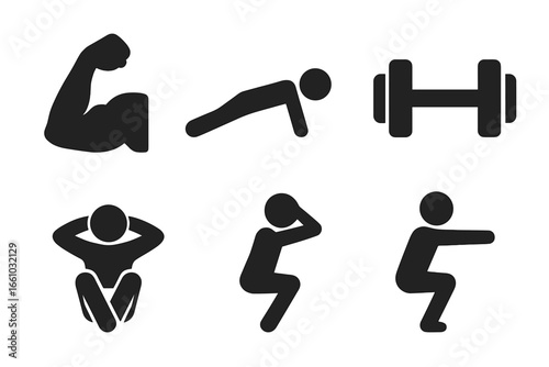 Fitness and workout solid icons set. Bodybuilding and gym exercise pictograms. Bicep flex, push-up, squat, sit-up, dumbbell symbols for training and sport. Vector illustration.