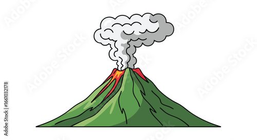 Cartoonish volcano erupting with smoke, against white background, for environmental themes illustration design visuals and educational materials