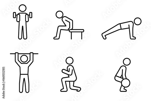 Fitness exercises line icon set. Workout moves vector collection. Bicep curl, tricep dip, push-up, pull-up, squat, lunge, deadlift. Gym training pictogram symbols.