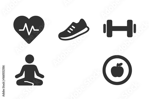 Fitness icon set. Health and wellness symbols. Solid glyphs. Heartbeat, running shoe, dumbbell, yoga pose, nutrition icon. Concept for workout, cardio, gym, diet, meditation.