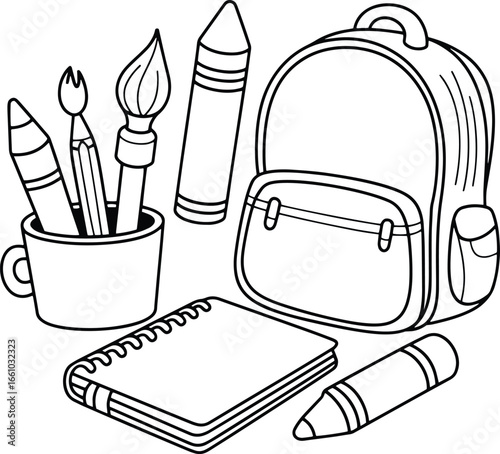 Cute Kawaii Black and White Line Art of School Supplies, Backpack, Notebook, Pencil Cup, Crayon, Eraser, Stars, Back-to-School