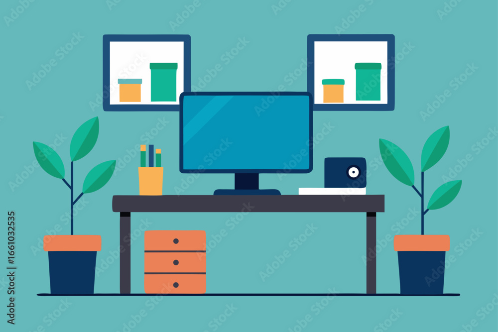 Fototapeta premium Home Office Lifestyle with Dual Screens and Plant