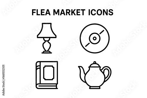 Flea Market Treasures Outline Icon Set. Vintage lamp, vinyl record, old book, porcelain teapot. Retro collectibles and antiques vector illustration for flea market, garage sale, secondhand shop.