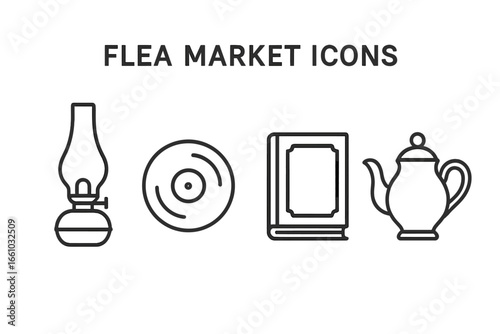 Vintage flea market treasures outline icon set, antique oil lamp, vinyl record, old book, porcelain teapot. Retro collectible objects, unique home decor. Linear vector illustration isolated on white.