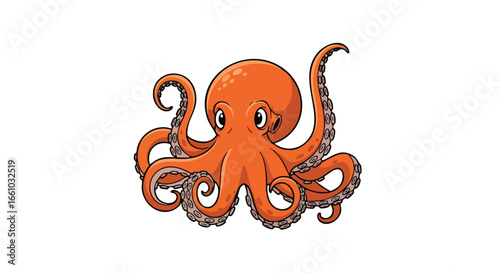 Cartoon depiction of an orange octopus with eight tentacles in an inviting pose featuring large eyes on a stark white background portraying a