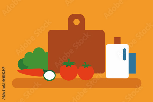 Kitchen Counter with Cutting Board and Fresh Veggies