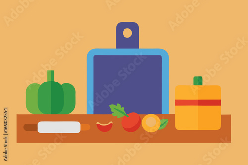 Kitchen Counter with Cutting Board and Fresh Veggies Illustration