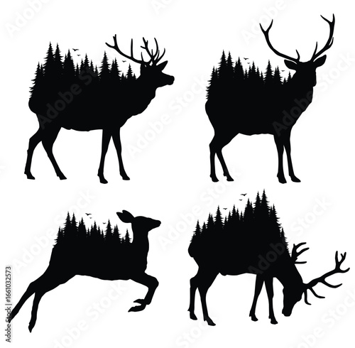 Wild deer silhouettes with coniferous forest.
