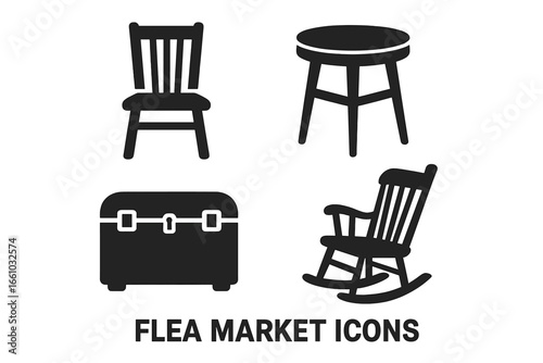 Flea market furniture icons collection. Vintage wooden chair, round side table, antique trunk, classic rocking chair. Solid black vector silhouettes. Secondhand home decor finds, SVG illustration.