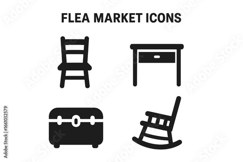 Flea Market Furniture Icons Set. Solid Filled Vector Collection of Vintage Finds: Wooden Chair, Side Table, Old Trunk, Rocking Chair. Retro Antique Household Decor Symbols for Transparent Backgrounds.