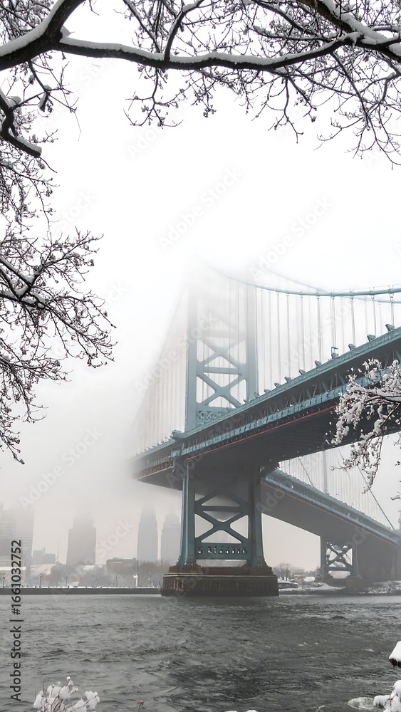 Fototapeta premium Foggy winter cityscape with bridge