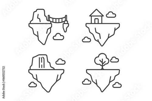 Outline floating island vector set. Fantasy sky islands with cliffs, hanging bridge, tiny house, waterfall, tree. Surreal land, cloud, flat design icons for game, map, adventure, creative concepts.