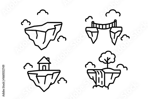 Outline vector set of floating islands in sky, fantasy cliff platforms with tree, waterfall, hanging bridge, tiny house, clouds. Isolated surreal landscape icons for adventure game design.