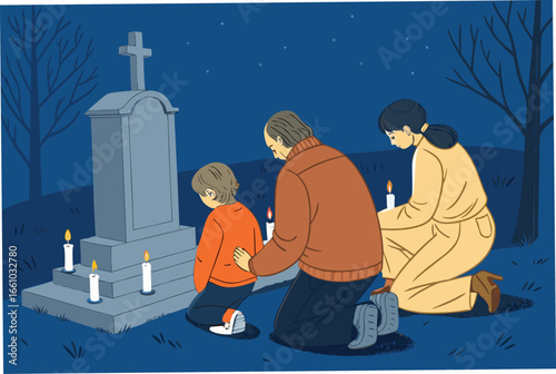 Family mourns at a gravesite, dimly lit by flickering candles, expressing deep sorrow.