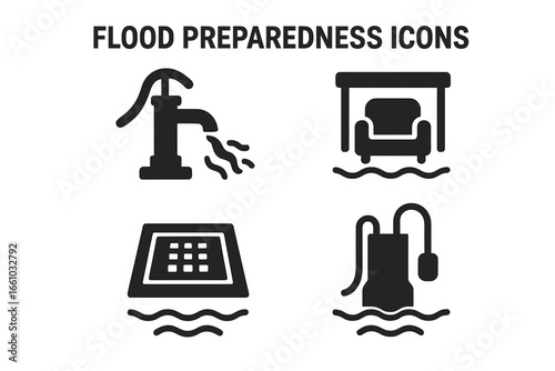 Flood Preparedness Icons Set. Solid Filled Vector Illustrations of Water Pump, Elevated Furniture, Floor Drain, Sump Pump. Emergency Disaster Safety, Home Protection, Water Damage Prevention