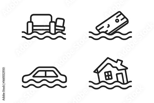 Flood disaster outline icon set. Flooded street icons with floating debris, submerged car, waterlogged furniture, ruined home, driftwood plank. Natural disaster vector illustration symbols.